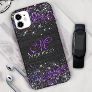 Paars zwart geborsteld metaal glitter monogram Case-Mate iPhone 14 hoesje