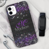 Paars zwart geborsteld metaal glitter monogram Case-Mate iPhone case