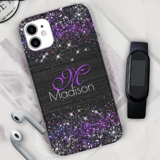 Paars zwart geborsteld metaal glitter monogram Case-Mate iPhone case