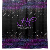 Paars zwart geborsteld metaal glitter monogram douchegordijn (Voorkant)
