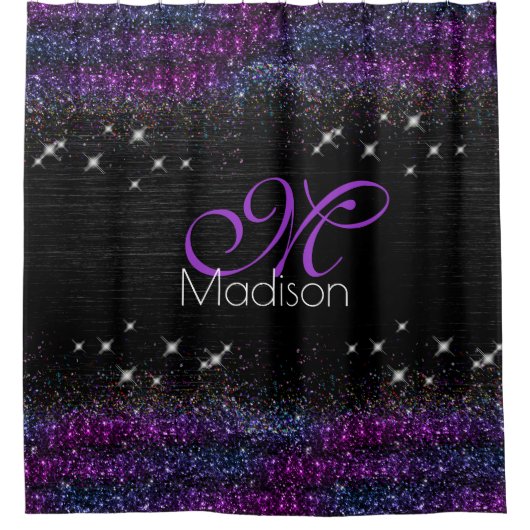 Paars zwart geborsteld metaal glitter monogram douchegordijn (Voorkant)