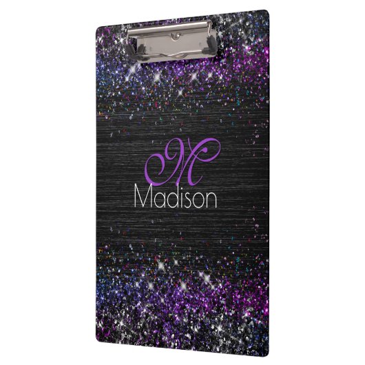 Paars zwart geborsteld metaal glitter monogram klembord (Links)