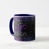 Paars zwart geborsteld metaal glitter monogram mok (Voorkant links)