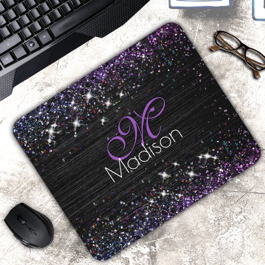 Paars zwart geborsteld metaal glitter monogram muismat