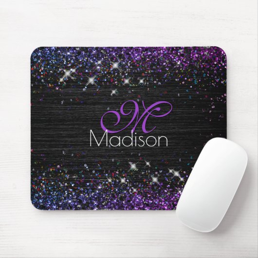 Paars zwart geborsteld metaal glitter monogram muismat (Met muis)