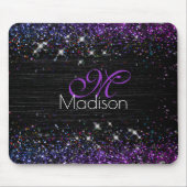 Paars zwart geborsteld metaal glitter monogram muismat (Voorkant)