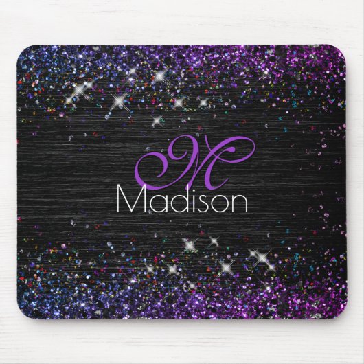 Paars zwart geborsteld metaal glitter monogram muismat (Voorkant)
