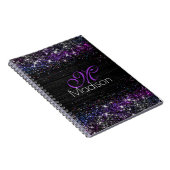 Paars zwart geborsteld metaal glitter monogram notitieboek (Rechterzijde)