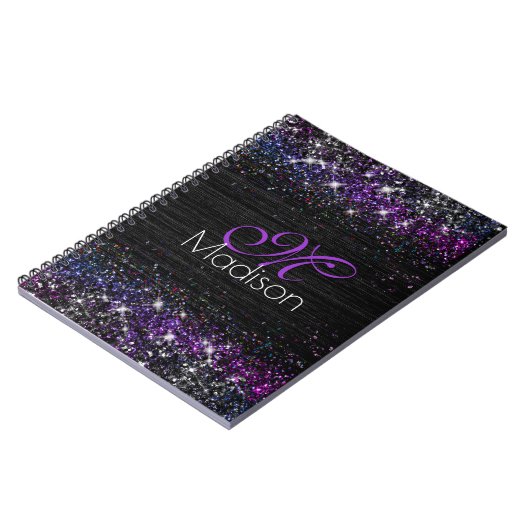Paars zwart geborsteld metaal glitter monogram notitieboek (Linkerzijde)