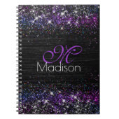 Paars zwart geborsteld metaal glitter monogram notitieboek (Voorkant)