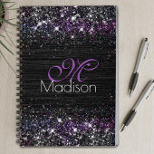 Paars zwart geborsteld metaal glitter monogram notitieboek