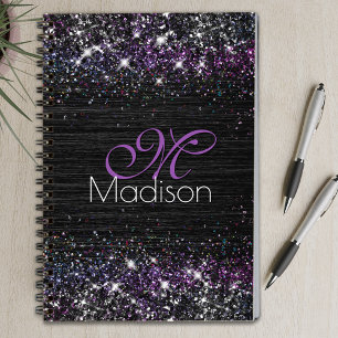 Paars zwart geborsteld metaal glitter monogram notitieboek