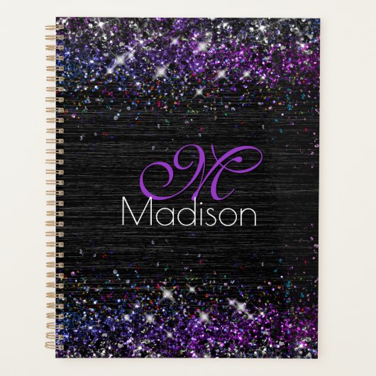Paars zwart geborsteld metaal glitter monogram planner (Voorkant)