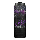 Paars zwart geborsteld metaal glitter monogram thermosbeker (Voorkant)