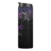 Paars zwart geborsteld metaal glitter monogram thermosbeker (Geroteerd rechts)