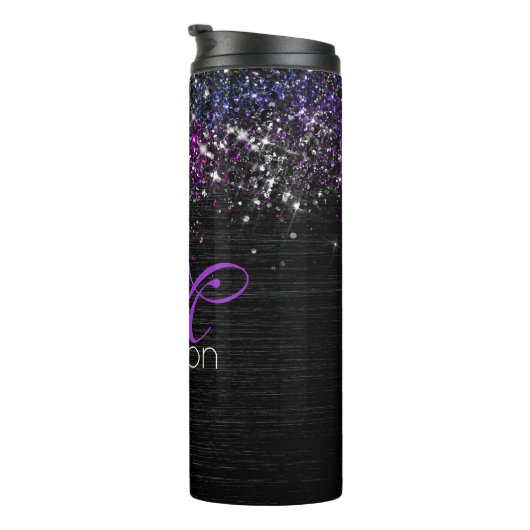Paars zwart geborsteld metaal glitter monogram thermosbeker (Geroteerd rechts)