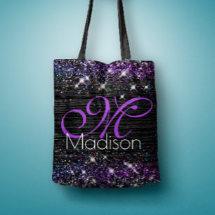 Paars zwart geborsteld metaal glitter monogram tote bag
