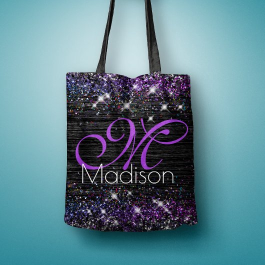 Paars zwart geborsteld metaal glitter monogram tote bag