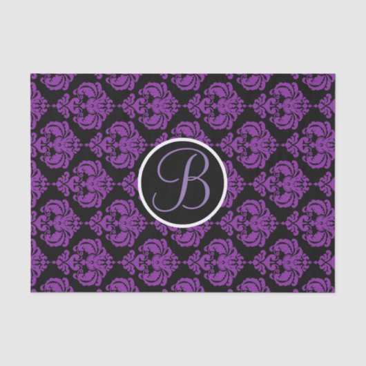 Paars & Zwart Glam Damask Monogram Letter Initiaal Tissuepapier (Voorkant)