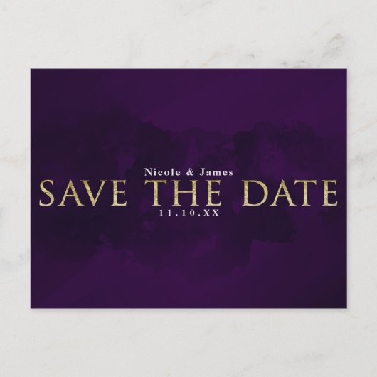 Paars Zwart & Goud Glam Moderne Sla de Datum Op Aankondigingskaart (Voorkant)
