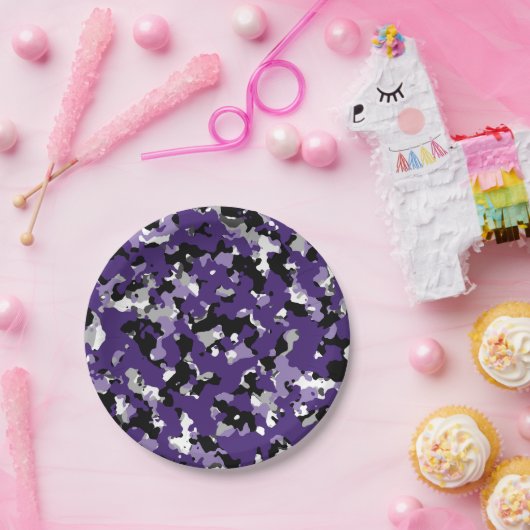 Paars Zwart Grijs Camouflage Camo Print Feest Papieren Bordje (Feest)