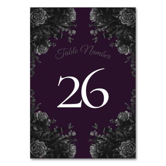 Paars zwart grijs Roos Gothic Wedding Table Number Kaart (Voorkant)