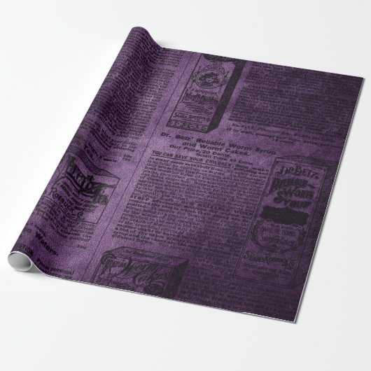 Paars & Zwart Grunge Vervuild Oude Krant Cadeaupapier (Uitgerold)