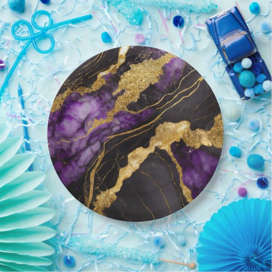 Paars Zwart Marmer Patroon met Goud Papieren Bordje (Feest)