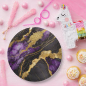 Paars Zwart Marmer Patroon met Goud Papieren Bordje (Feest)