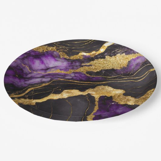 Paars Zwart Marmer Patroon met Goud Papieren Bordje (Gekanteld)