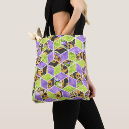 PAARS ZWART ORANJE GROENDIAMOND PATROON TOTE BAG