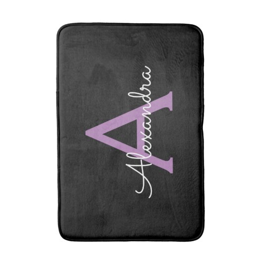 Paars zwart Script Girly Monogram Naam Badmat (Voorkant Verticaal)