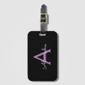 Paars zwart Script Girly Monogram Naam Bagagelabel (Voorkant (verticaal))