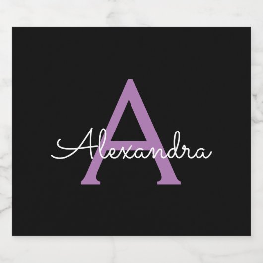 Paars zwart Script Girly Monogram Naam Bier Etiket (Enkel label)