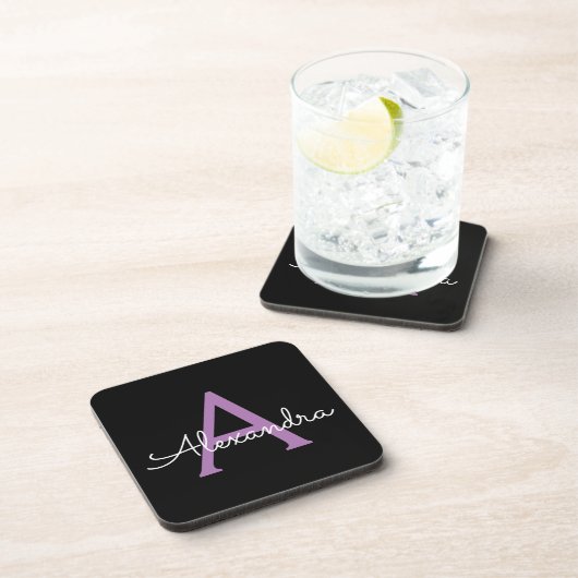Paars zwart Script Girly Monogram Naam Bier Onderzetter (Rechterzijde)