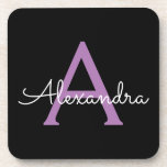 Paars zwart Script Girly Monogram Naam Bier Onderzetter<br><div class="desc">Zwart en Paarse Eenvoudig Script Monogram Naam Papieren Onderzetters. Dit maakt het perfecte afstuderen,  verjaardagscadeau,  bruiloft,  vrijgezellenfeest,  jubileum,  baby shower of vrijgezellenfeest cadeau voor iemand die houdt van glamoureuze en chique stijlen.</div>