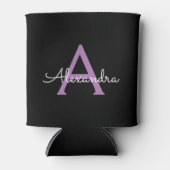 Paars zwart Script Girly Monogram Naam Blikjeskoeler (Voorkant)