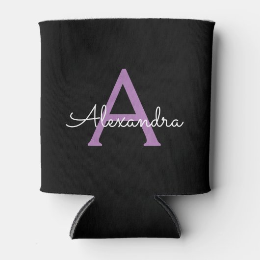 Paars zwart Script Girly Monogram Naam Blikjeskoeler (Voorkant)