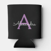 Paars zwart Script Girly Monogram Naam Blikjeskoeler (Achterkant)