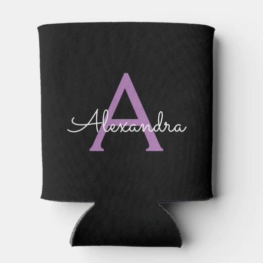 Paars zwart Script Girly Monogram Naam Blikjeskoeler (Achterkant)