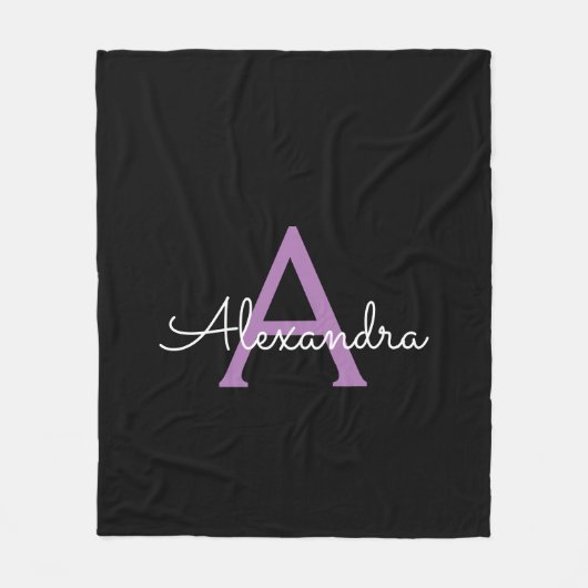 Paars zwart Script Girly Monogram Naam Fleece Deken (Voorkant)