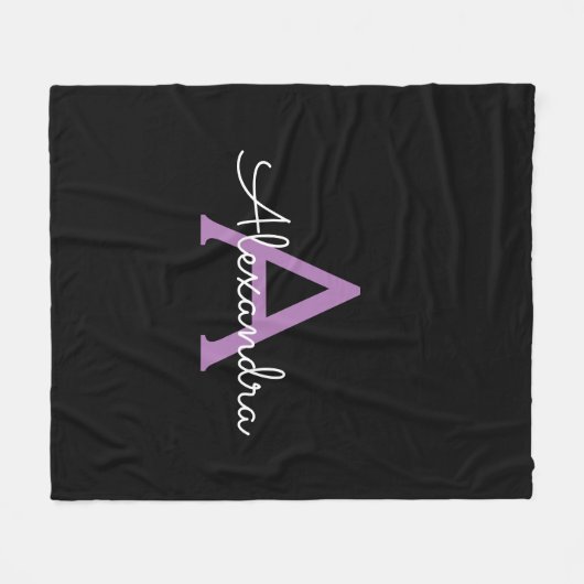 Paars zwart Script Girly Monogram Naam Fleece Deken (Voorkant (Horizontaal))