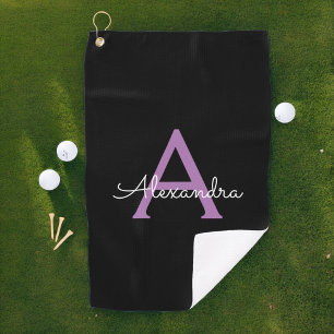 Paars zwart Script Girly Monogram Naam Golfhanddoek