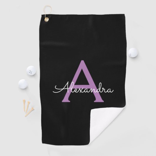 Paars zwart Script Girly Monogram Naam Golfhanddoek (Insitu)