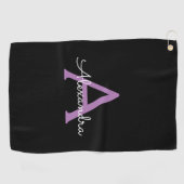 Paars zwart Script Girly Monogram Naam Golfhanddoek (Horizontaal)
