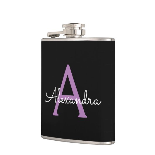 Paars zwart Script Girly Monogram Naam Heupfles (Links)