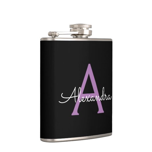 Paars zwart Script Girly Monogram Naam Heupfles (Rechts)