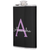 Paars zwart Script Girly Monogram Naam Heupfles (Links)