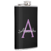 Paars zwart Script Girly Monogram Naam Heupfles (Rechts)