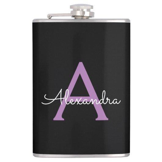Paars zwart Script Girly Monogram Naam Heupfles (Voorkant)